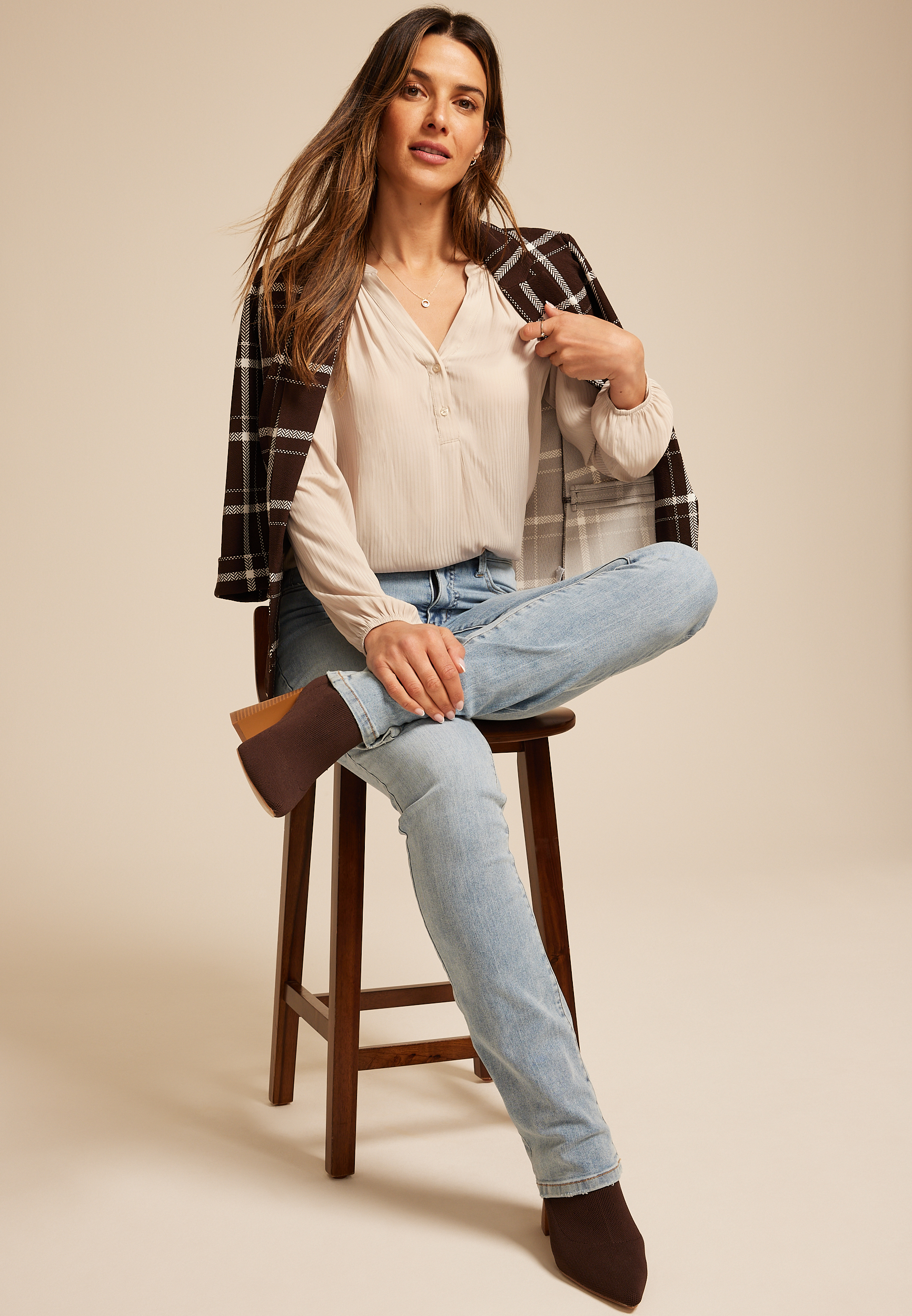 Striped Henley V Neck Blouse, C7592, large