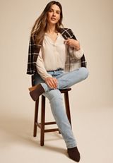 Striped Henley V Neck Blouse, C7592, small