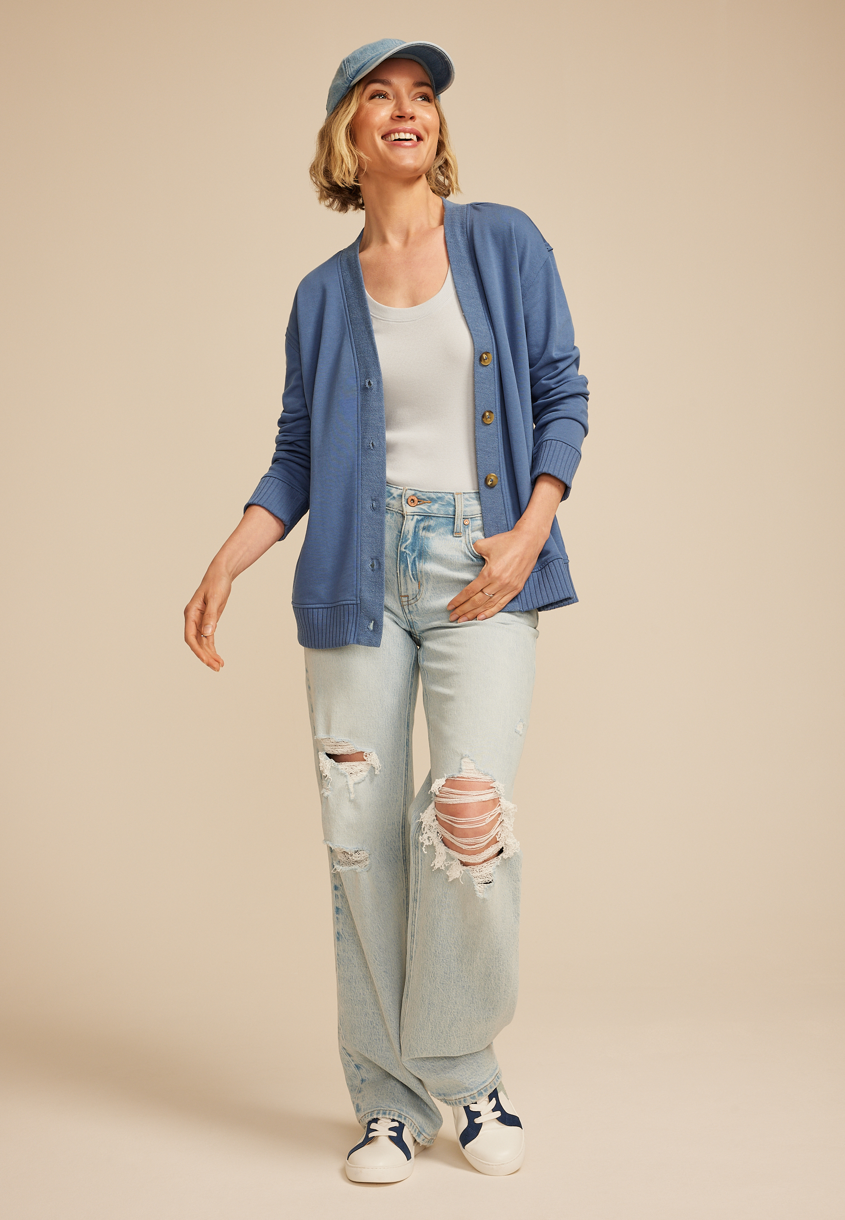 French Terry Button Front Cardigan, C8391, large