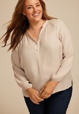 Plus Size Striped Henley V Neck Blouse, C7592, small