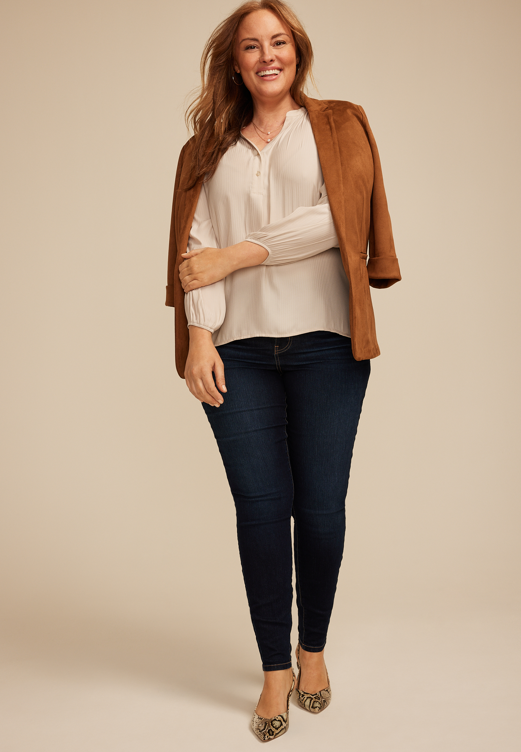 Plus Size Striped Henley V Neck Blouse, C7592, large