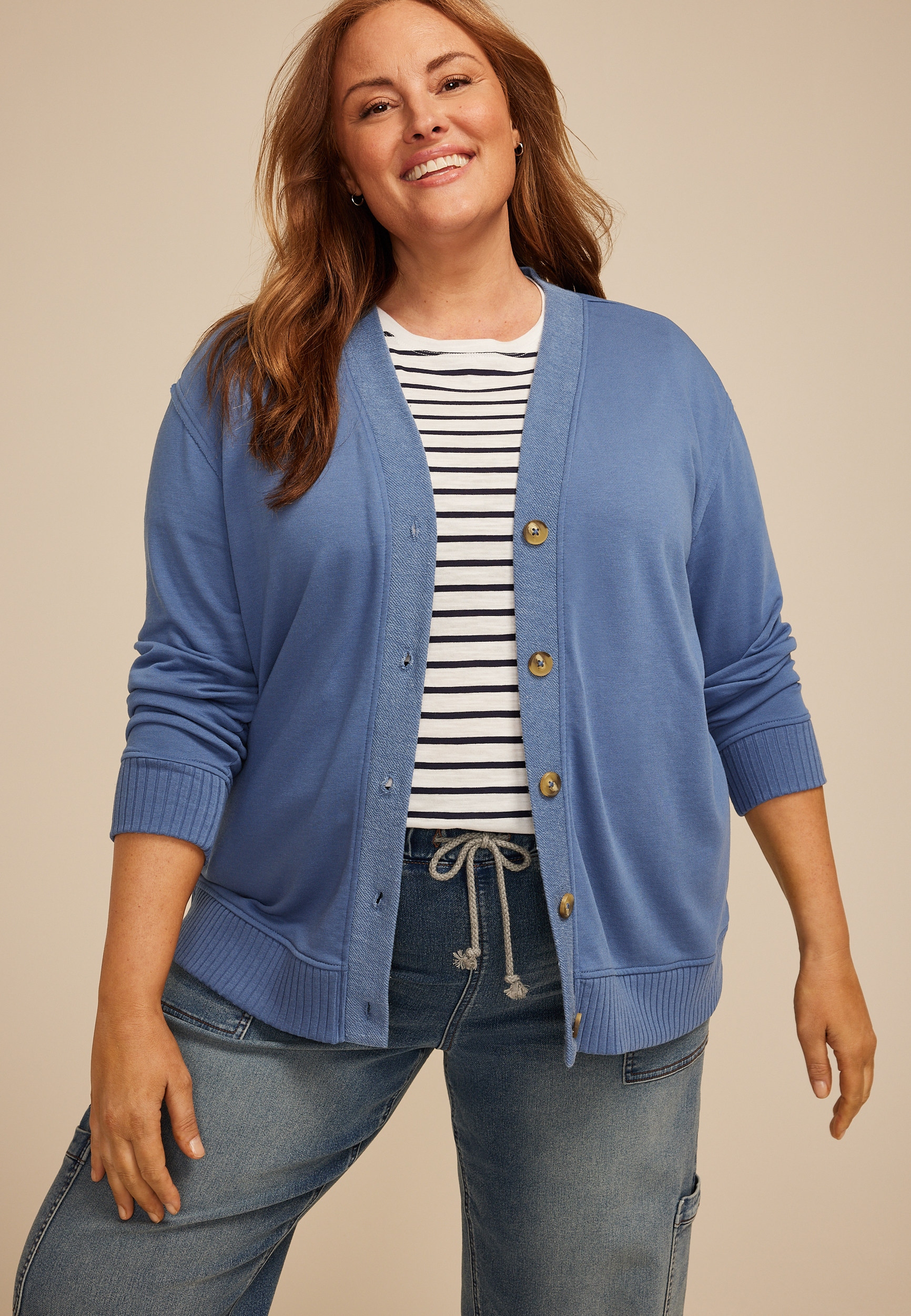 Plus Size French Terry Button Front Cardigan 