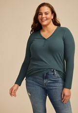Plus Size Heartland Henley Long Sleeve Tee, OPERA TEAL, small