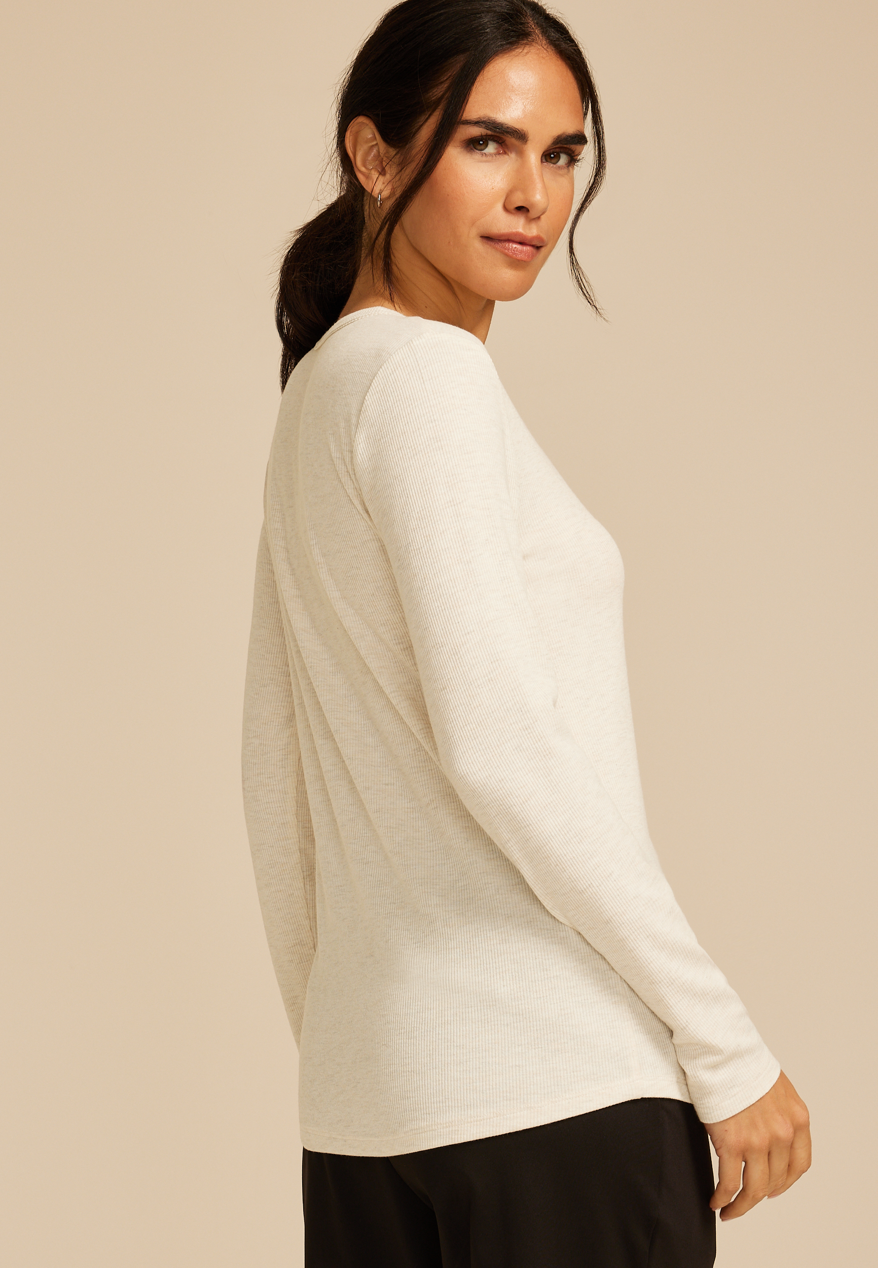 Heartland Heathered Henley Long Sleeve Tee, LIGHT OATMEAL HEATHER, large