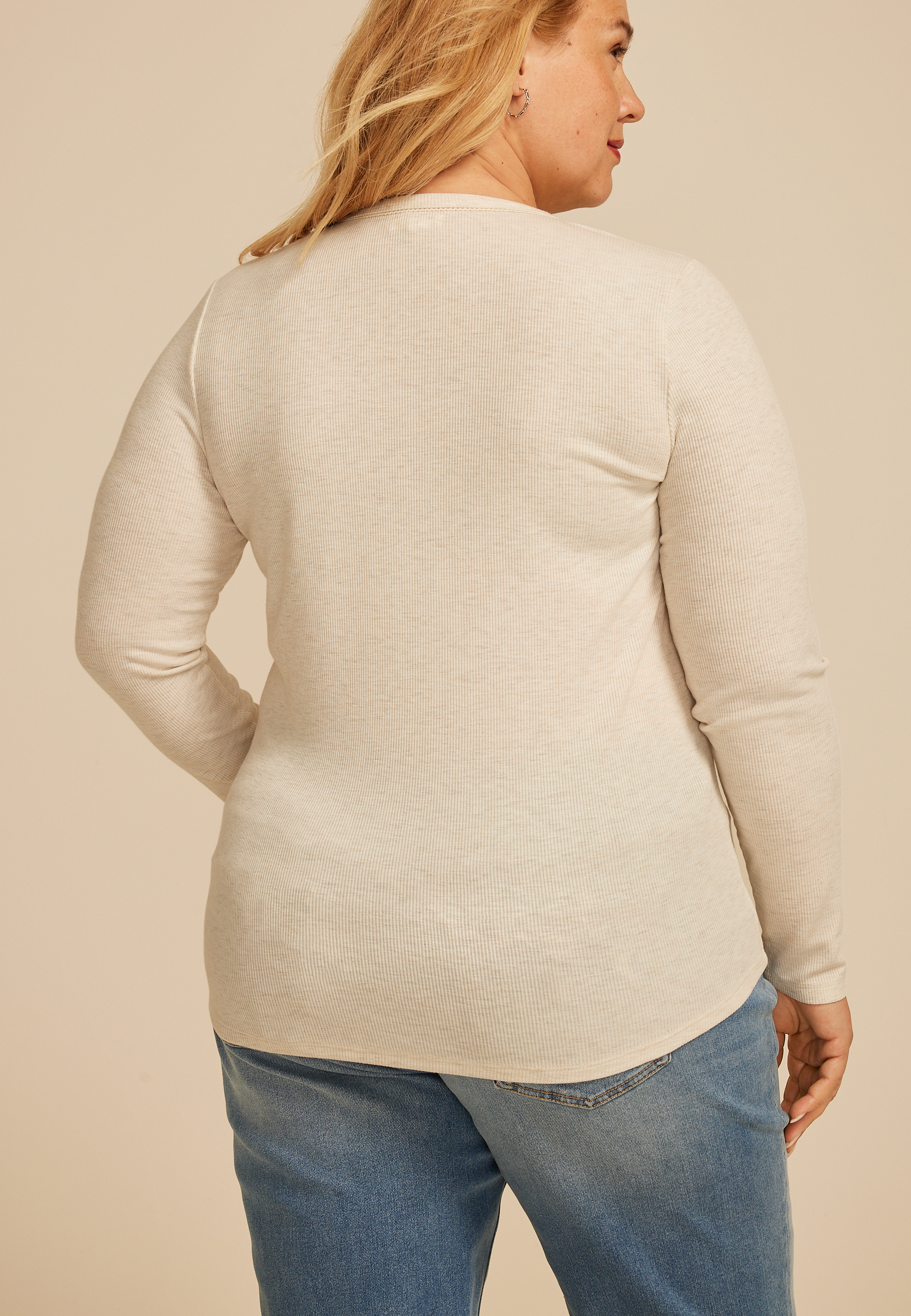 Plus Size Heartland Heathered Henley Long Sleeve Tee, LIGHT OATMEAL HEATHER, large