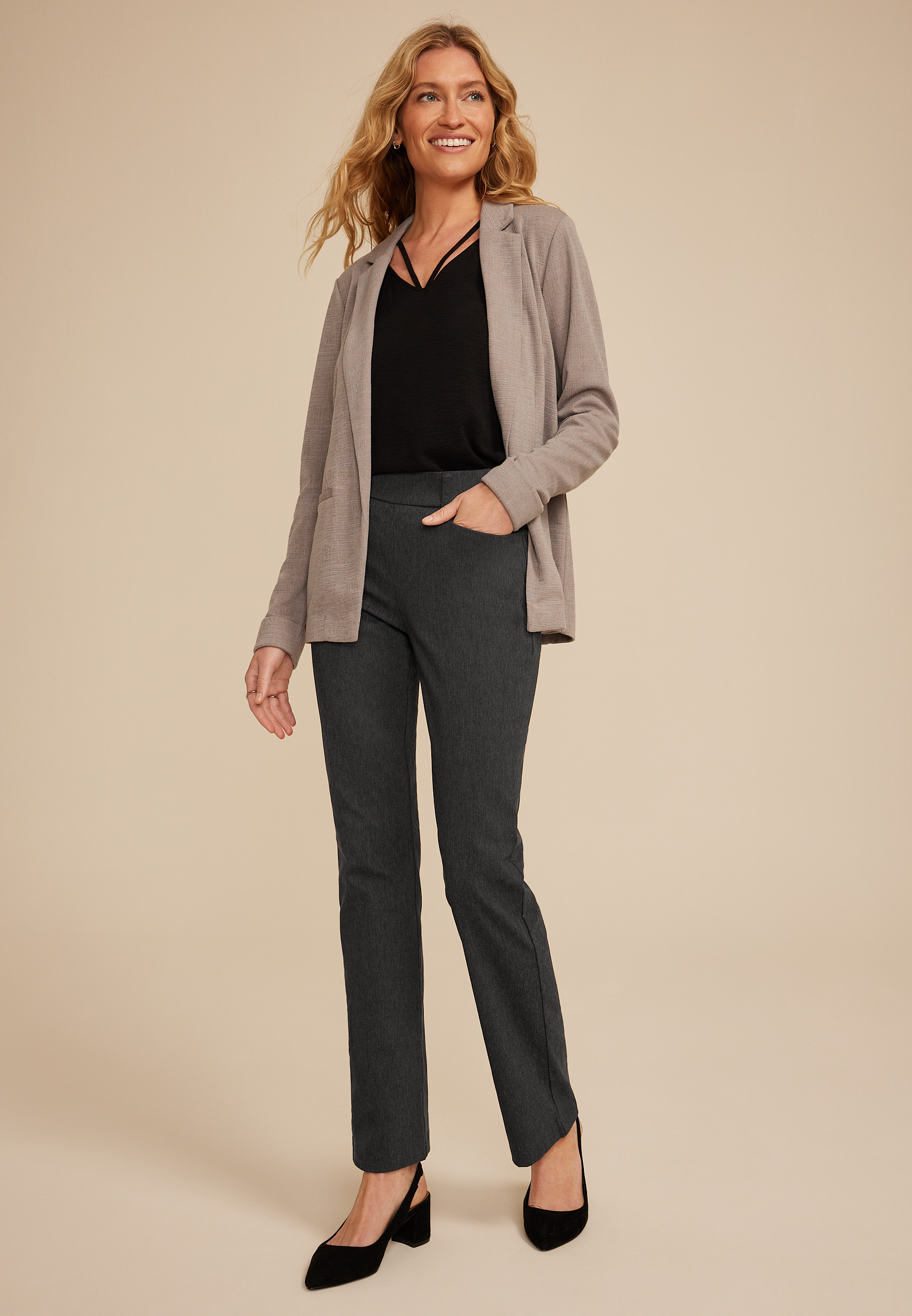 Heathered Bengaline Mid Rise Bootcut Pant, Charcoal Heather, large
