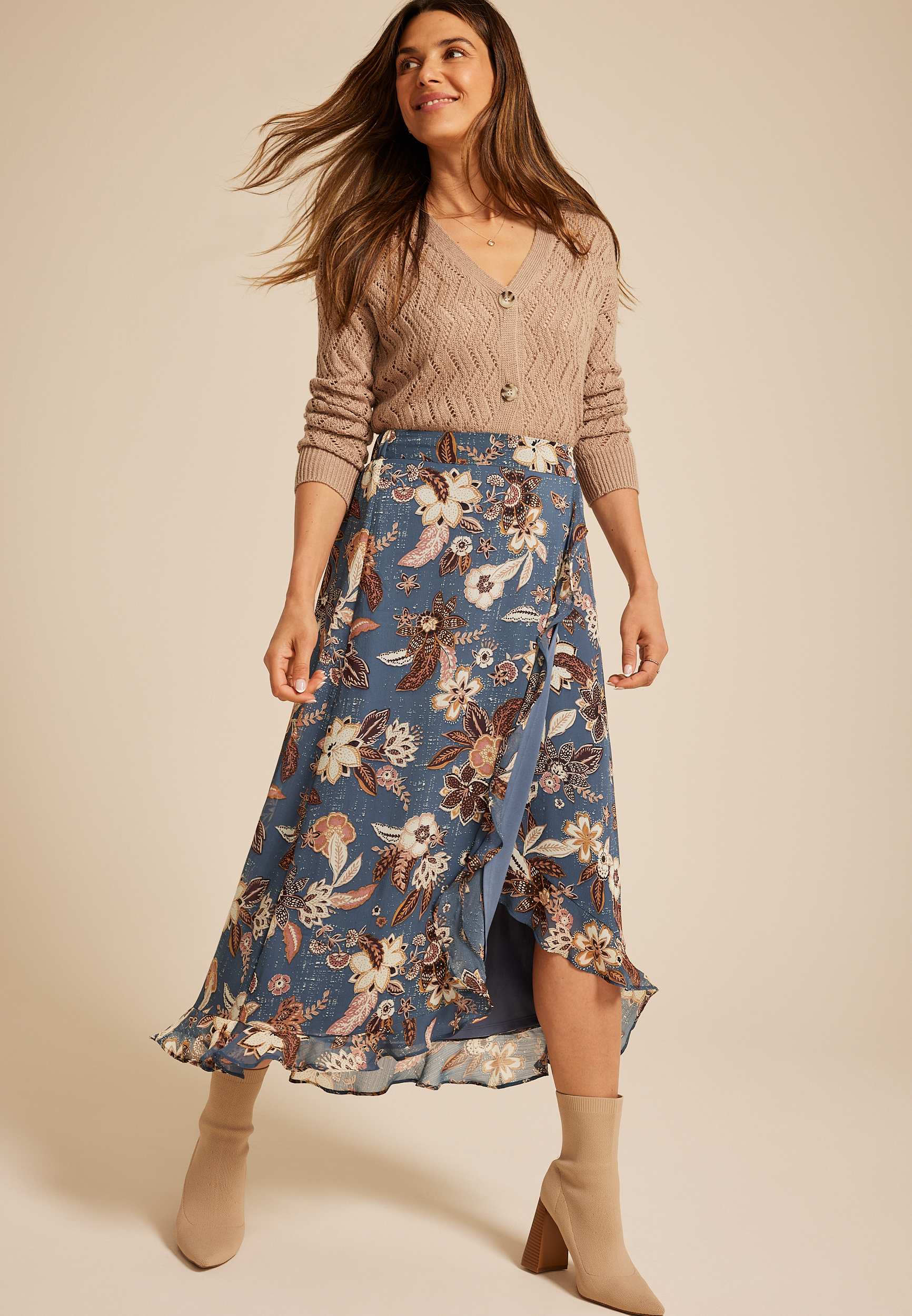 Blue Floral Faux Wrap Maxi Skirt maurices