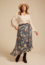 Plus Size Blue Floral Faux Wrap Maxi Skirt, C954, small
