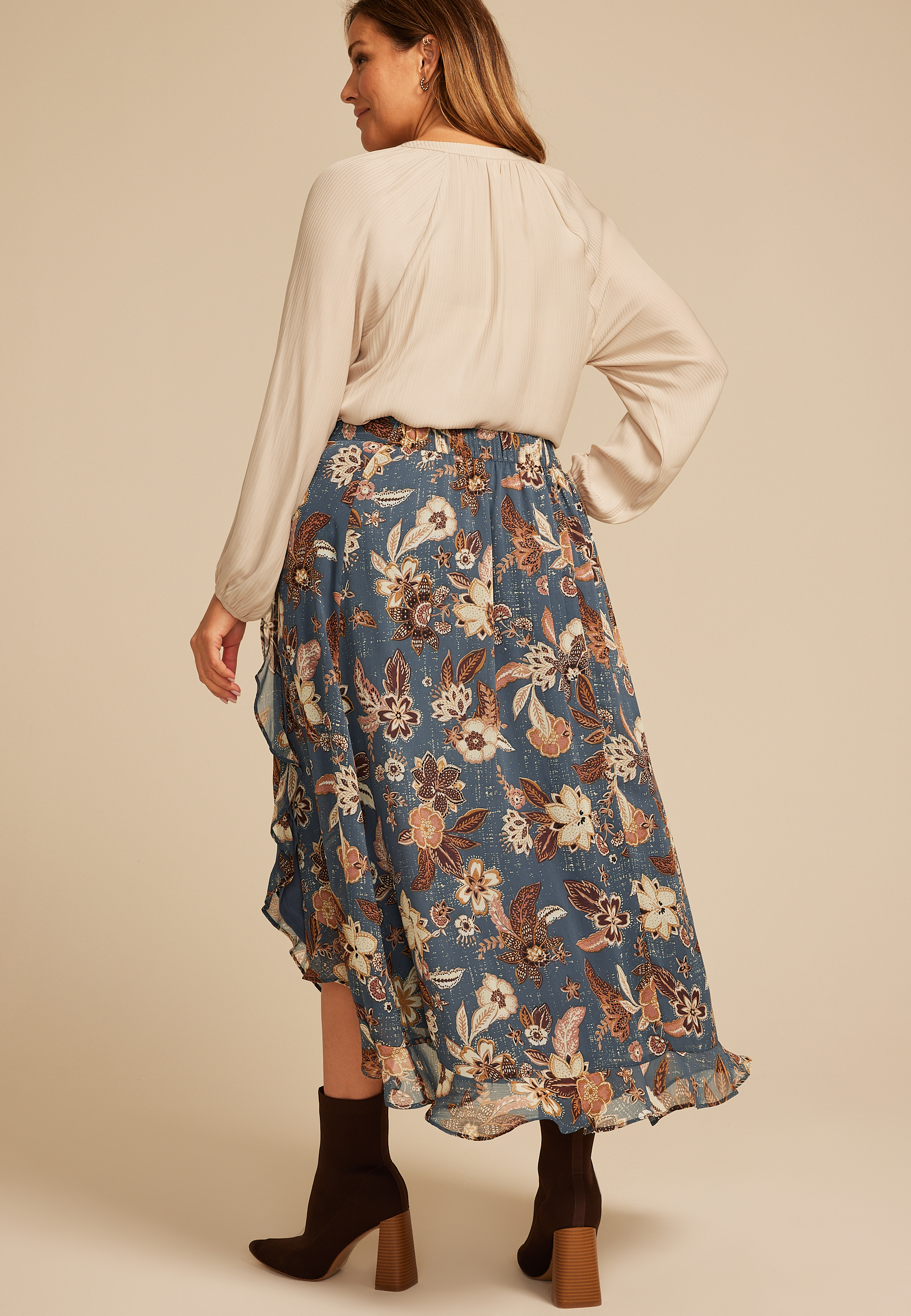 Plus Size Blue Floral Faux Wrap Maxi Skirt, C954, large