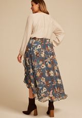Plus Size Blue Floral Faux Wrap Maxi Skirt, C954, small
