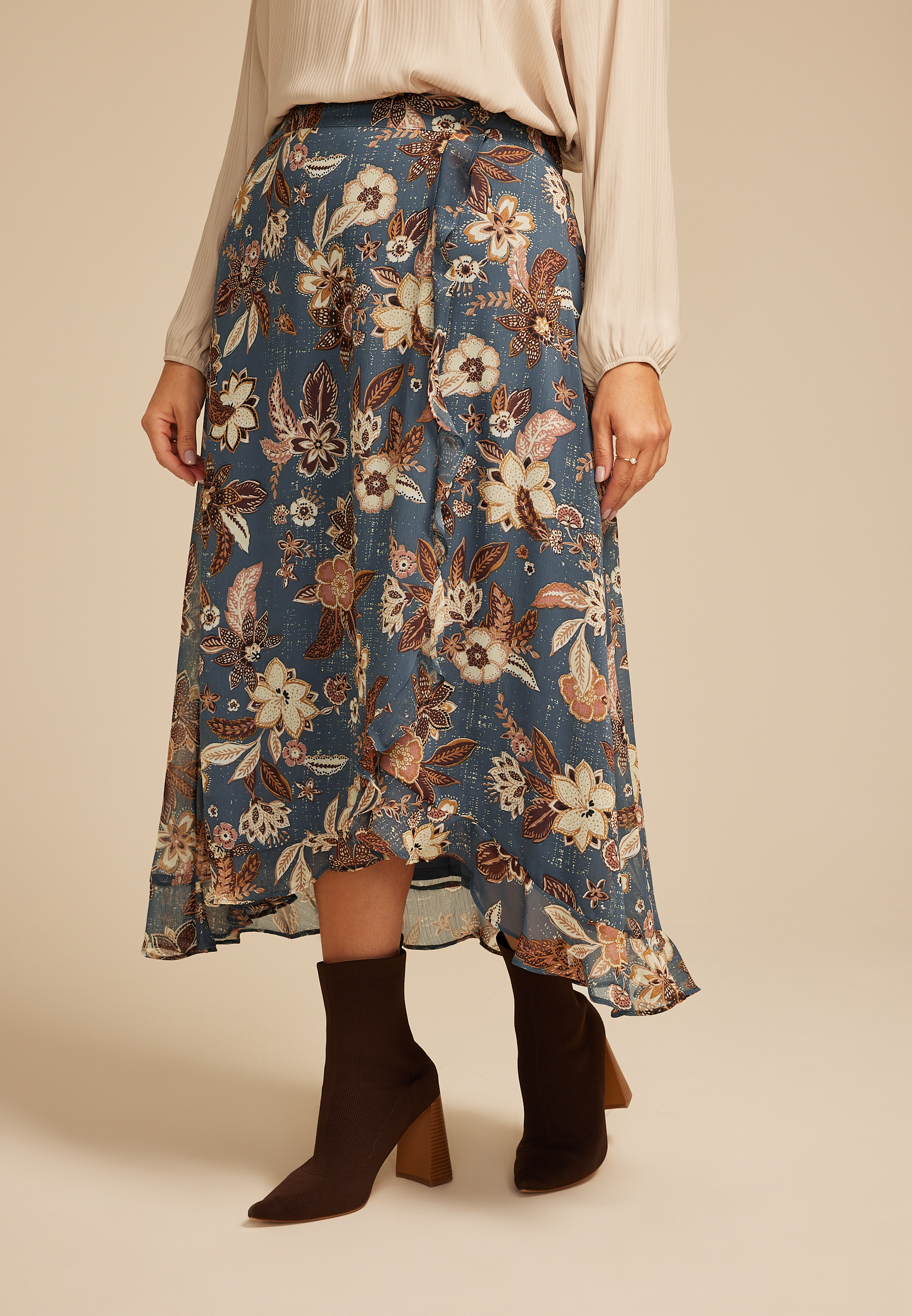 Plus Size Blue Floral Faux Wrap Maxi Skirt maurices