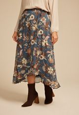 Plus Size Blue Floral Faux Wrap Maxi Skirt, C954, small
