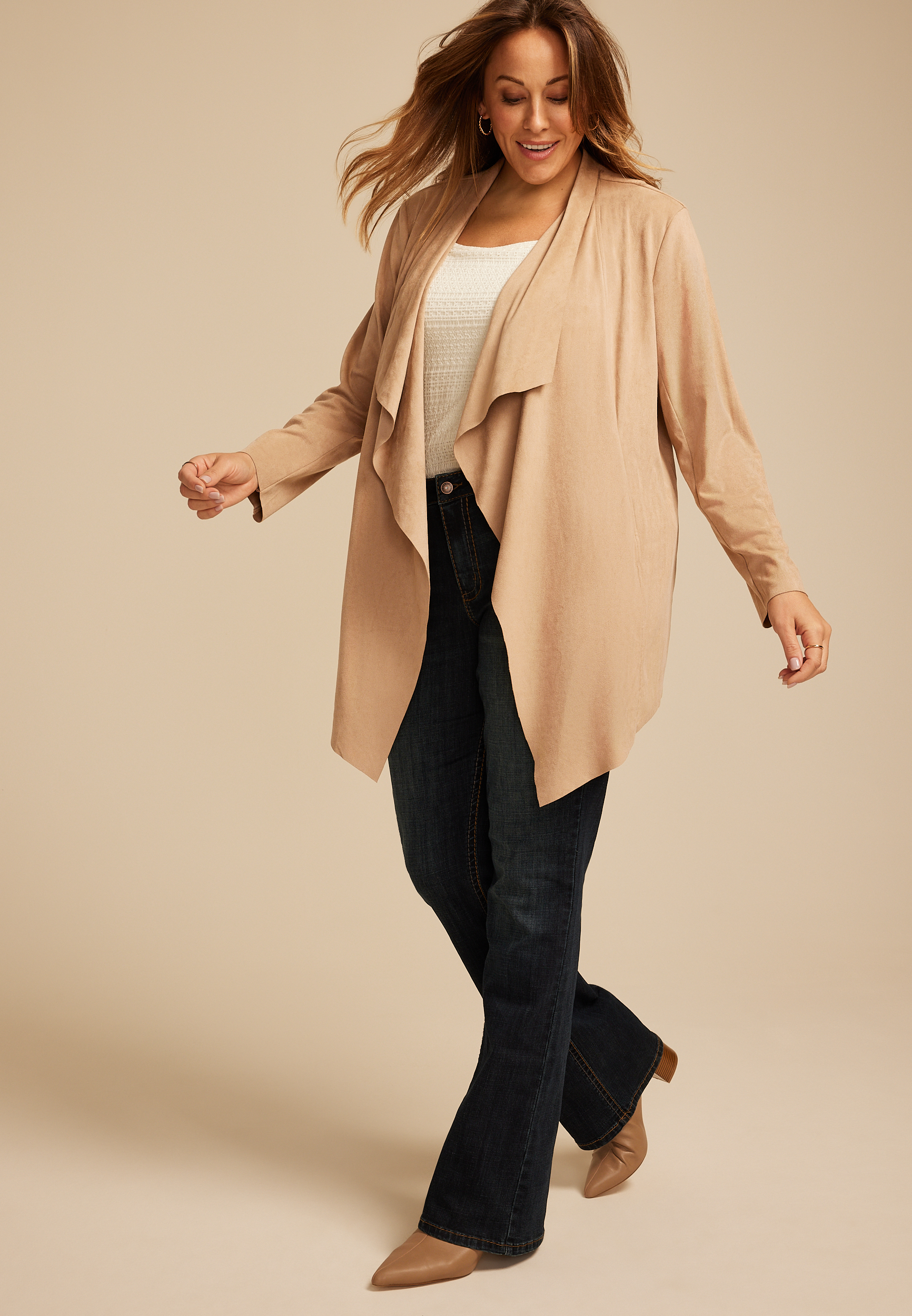 Plus Size Faux Suede Waterfall Cardigan, C210, large