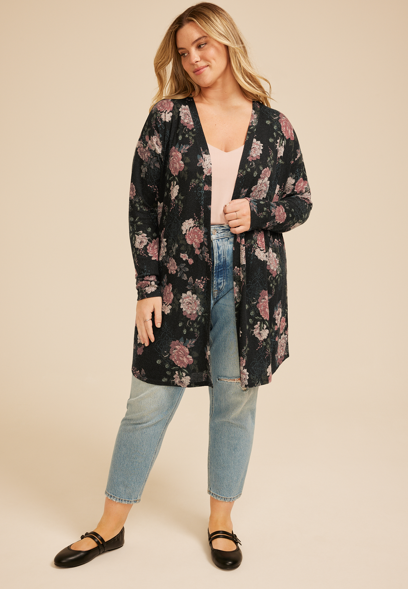 Plus Size Hacci Printed Cardigan, C1756, large