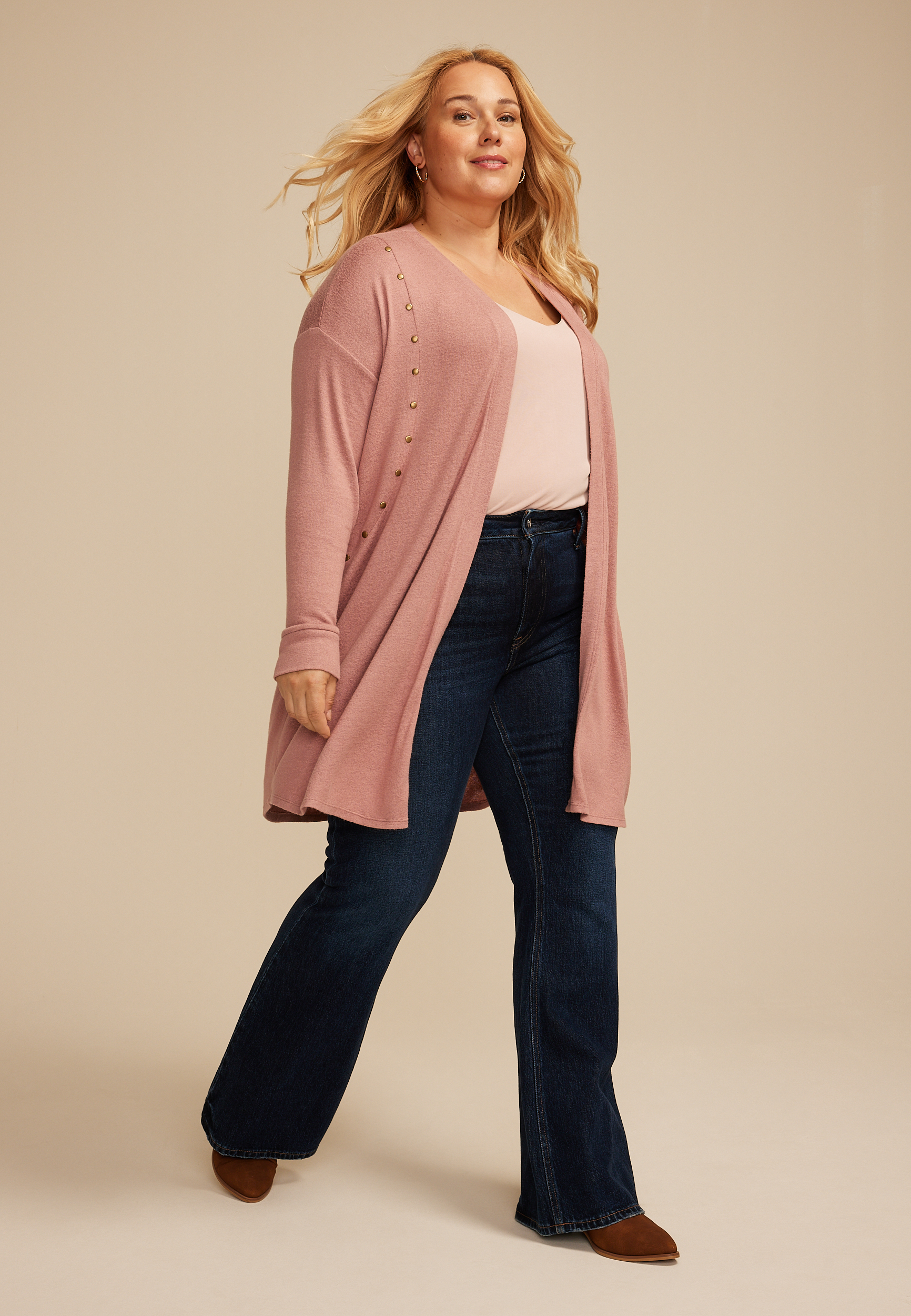 Plus Size Studded Open Front Duster Cardigan, , large