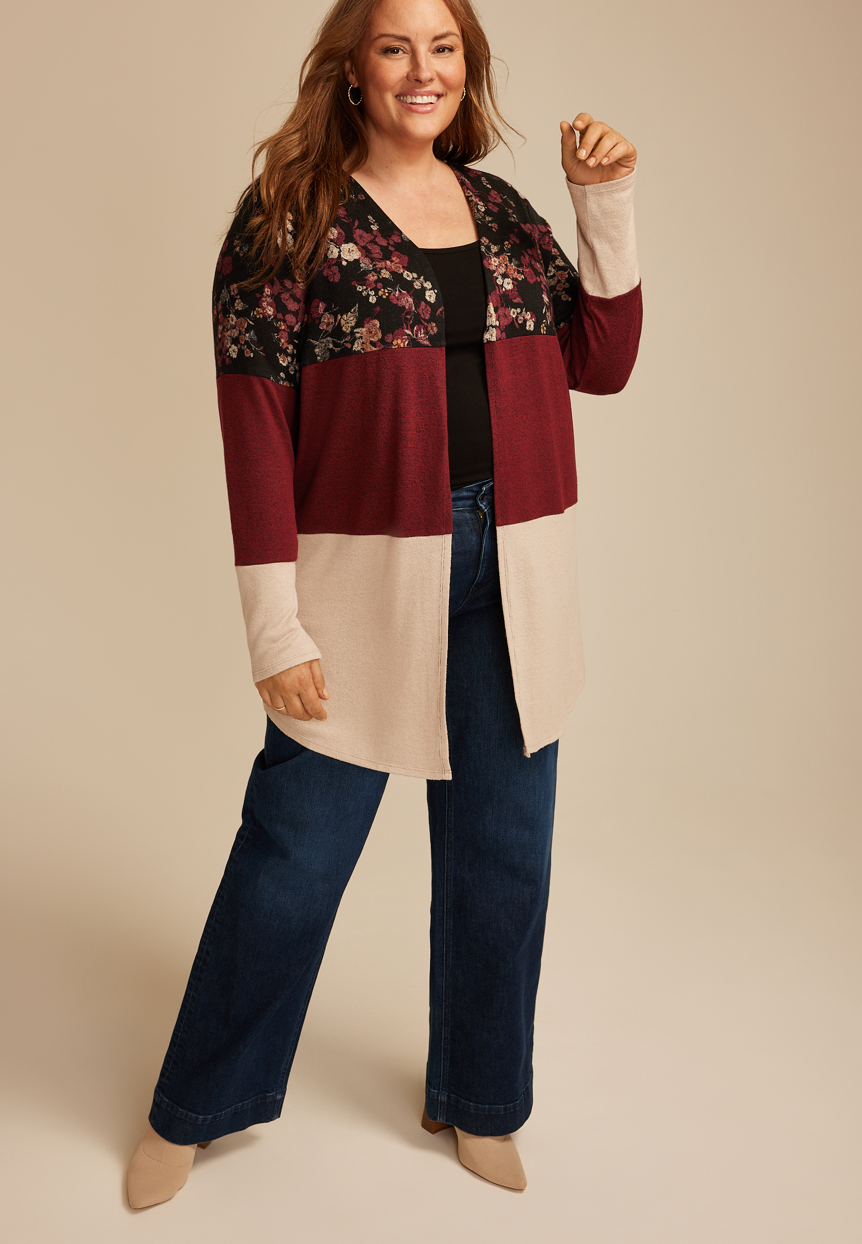 Plus Size Hacci Colorblock Cardigan, C1756, large