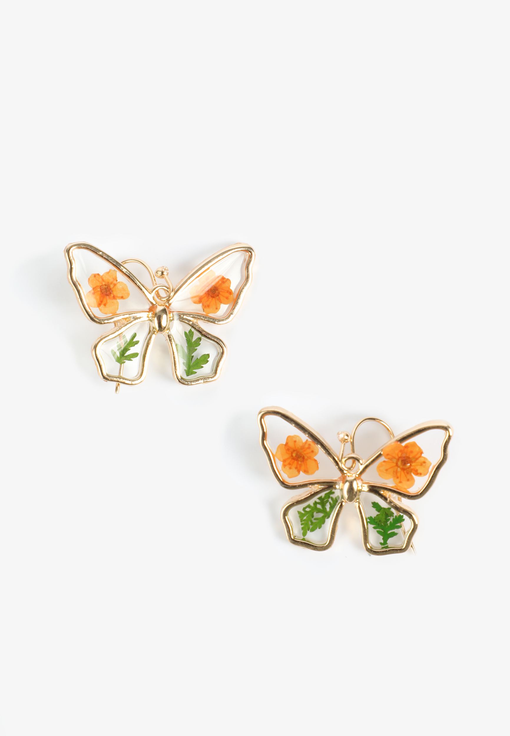 Orange And Green Pressed Flower Butterfly Earrings