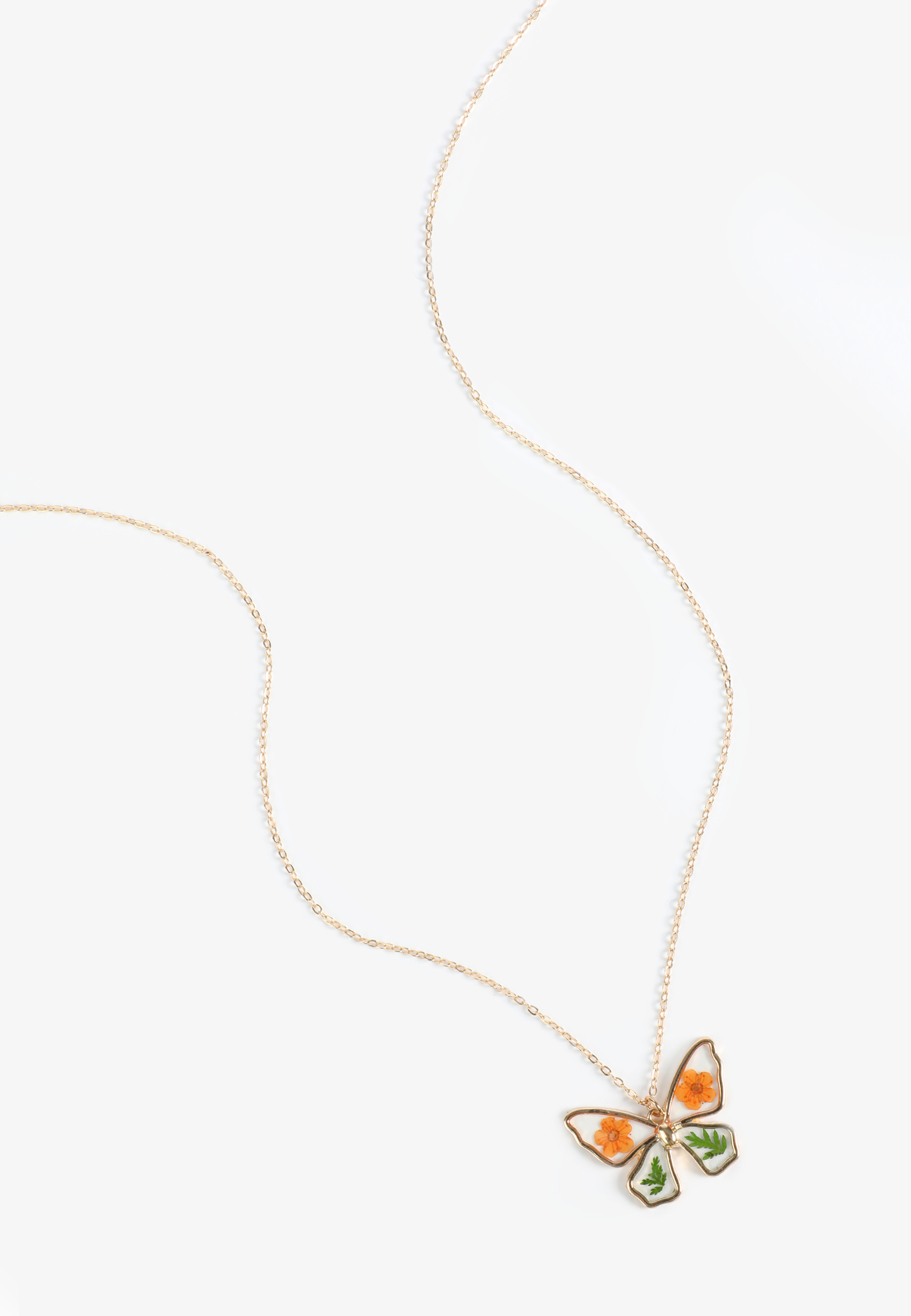 Orange And Green Pressed Flower Butterfly Pendant Necklace