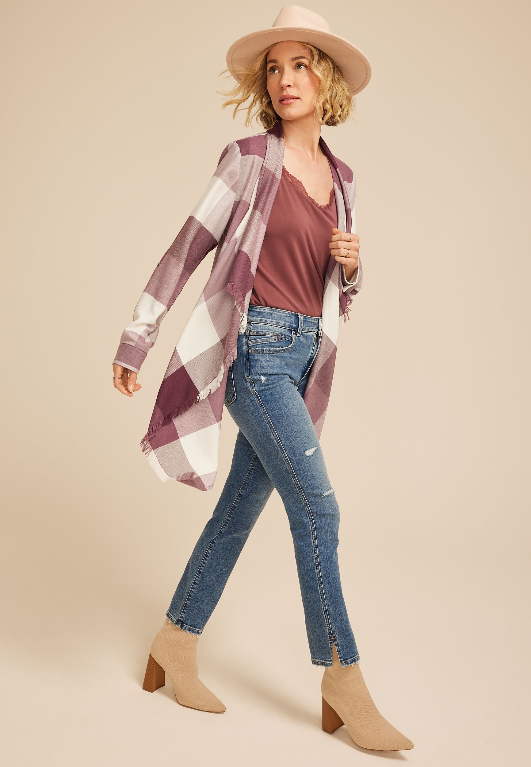 トップス mideal plaid pattern cardigan Plaid Open Front