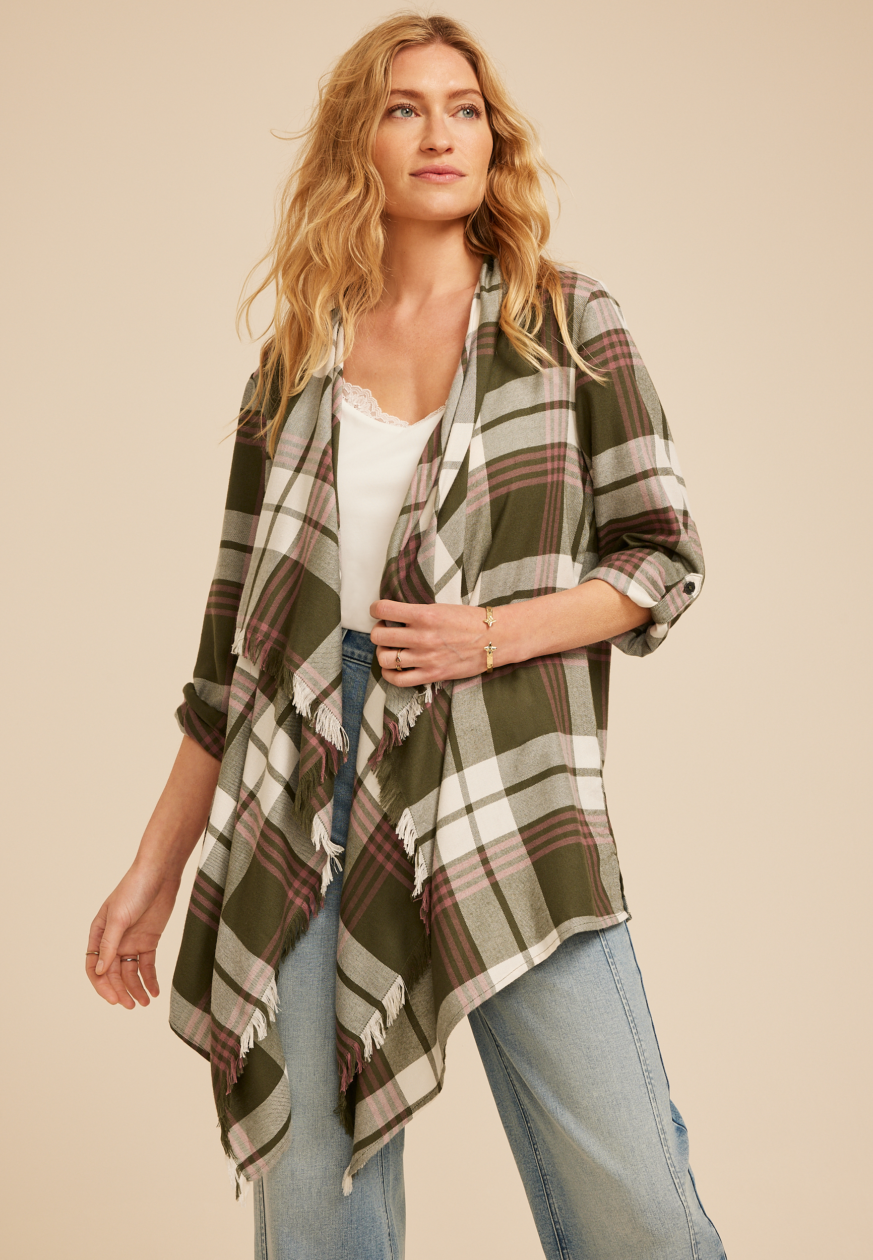 Plaid Open Front Waterfall Cardigan