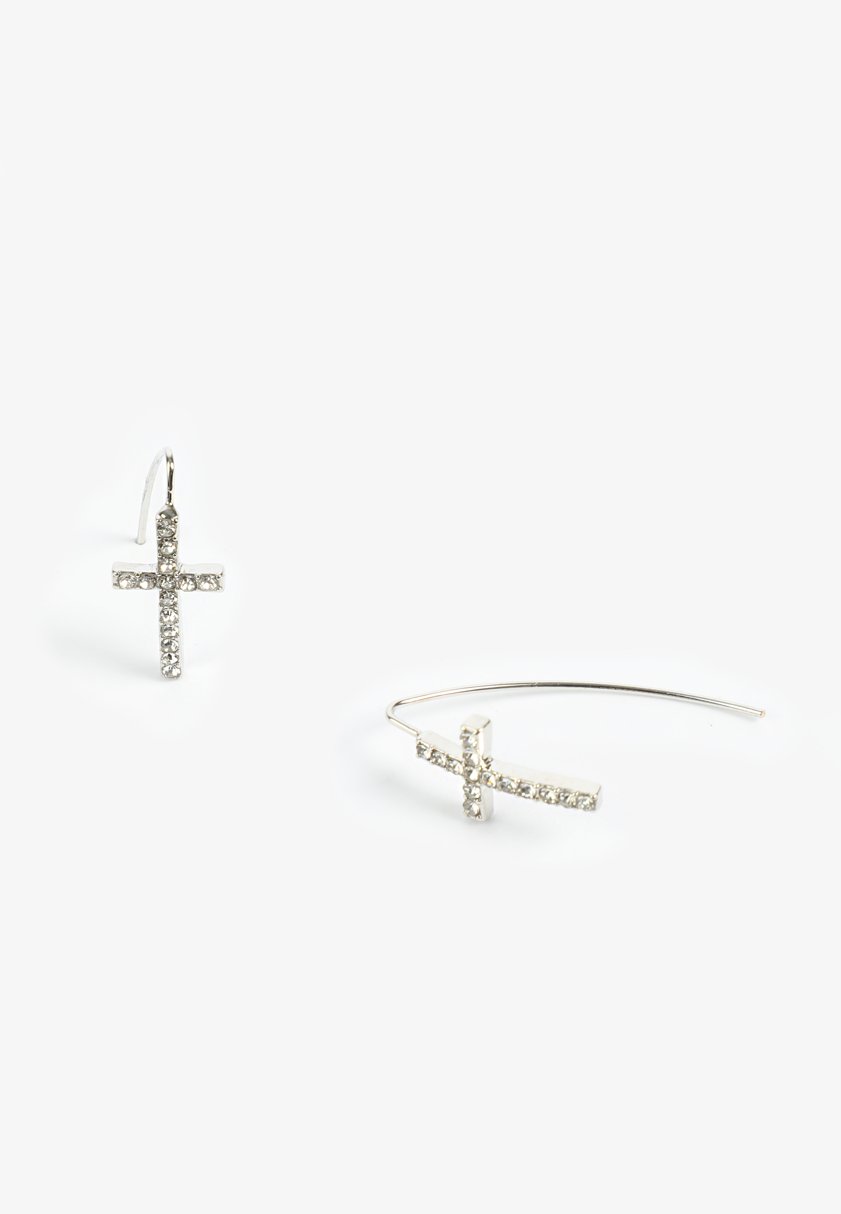 Silver Rhinestone Cross Threader Earrings