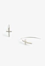 Silver Rhinestone Cross Threader Earrings, SILVER, small