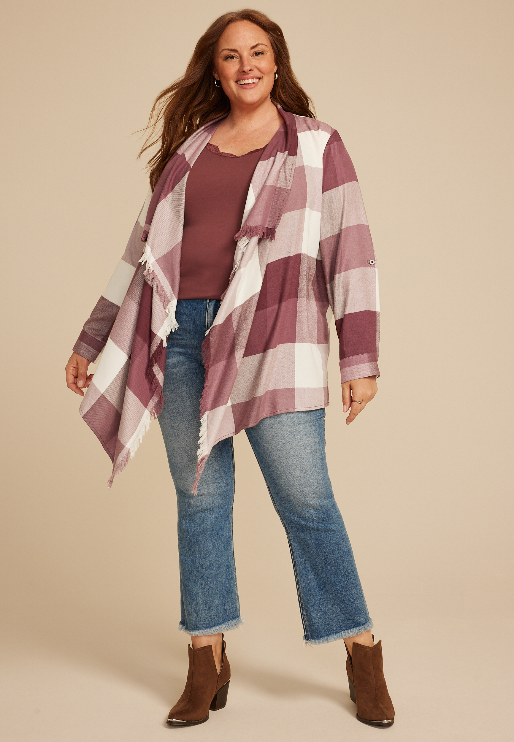 Plus Size Plaid Open Front Waterfall Cardigan, C1653, large