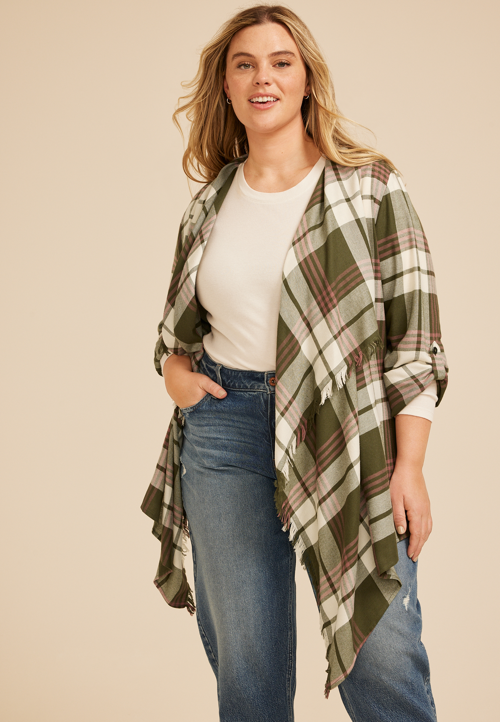 Plus Size Plaid Open Front Waterfall Cardigan