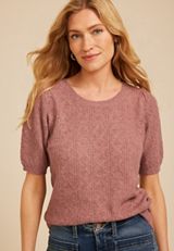 Textured Knit Puff Short Sleeve Sweater, C4188, small
