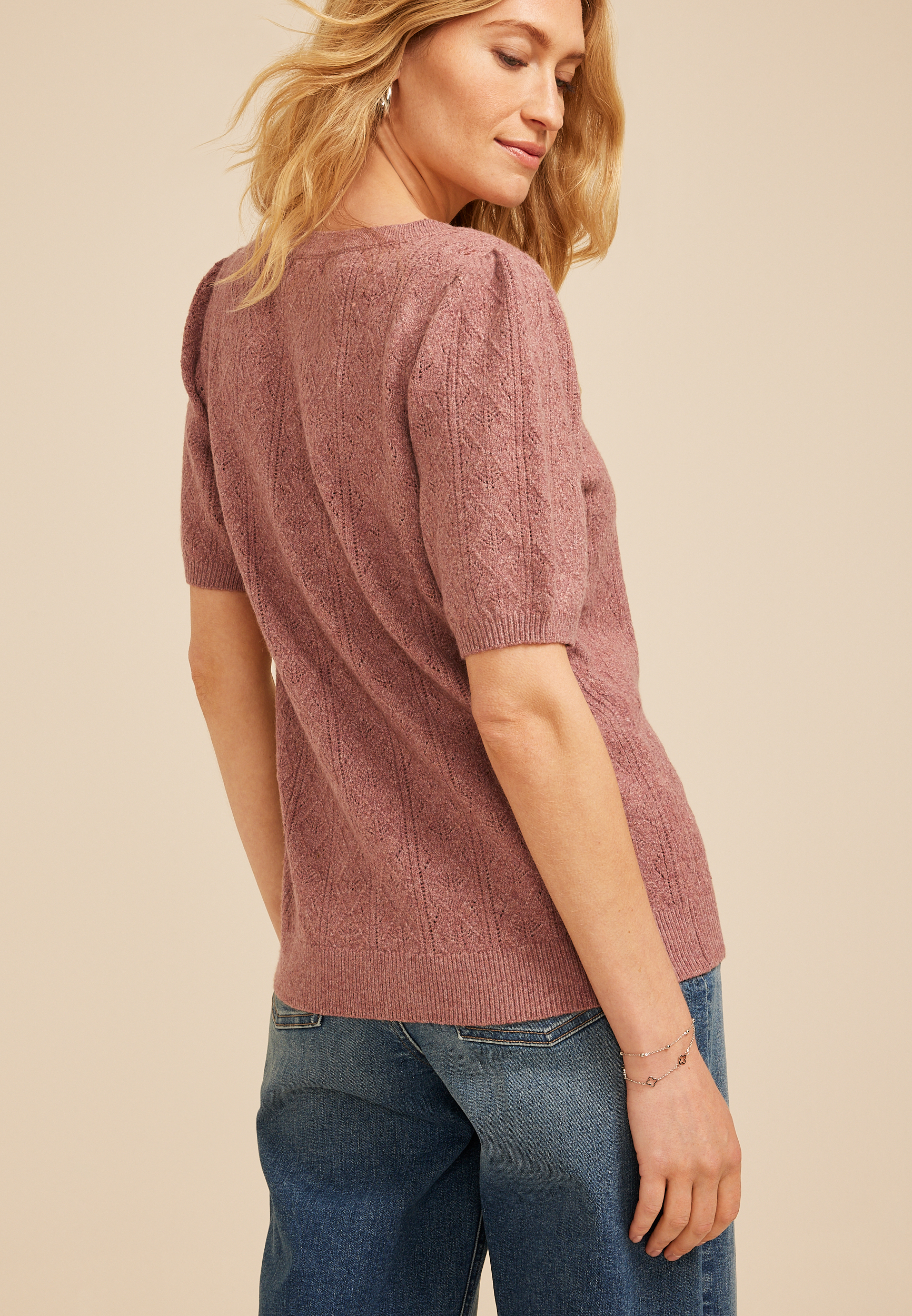 Textured Knit Puff Short Sleeve Sweater, C4188, large
