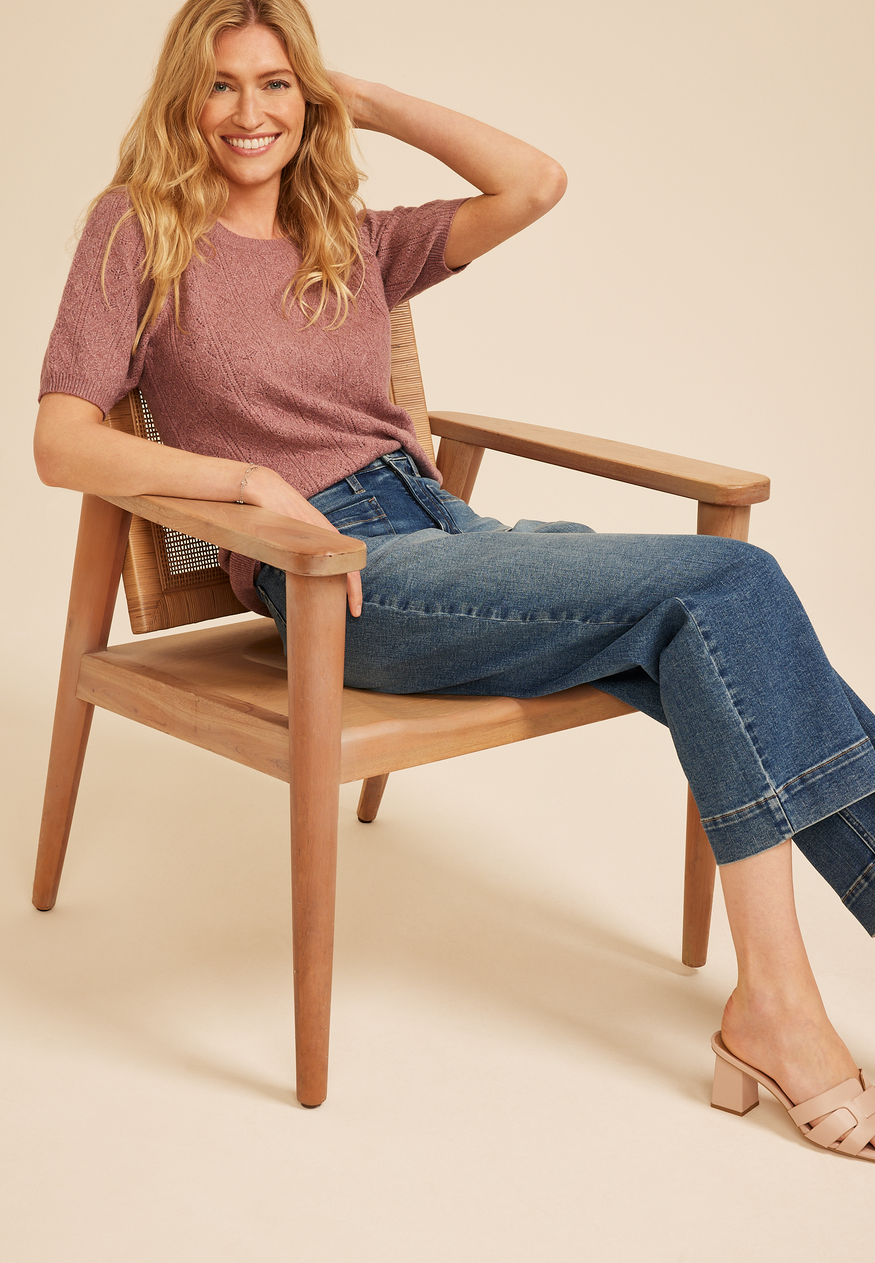 Textured Knit Puff Short Sleeve Sweater, C4188, large