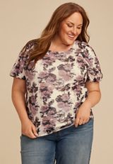 Plus Size Studio Y Abstract Floral Mesh Puff Sleeve Blouse, , small