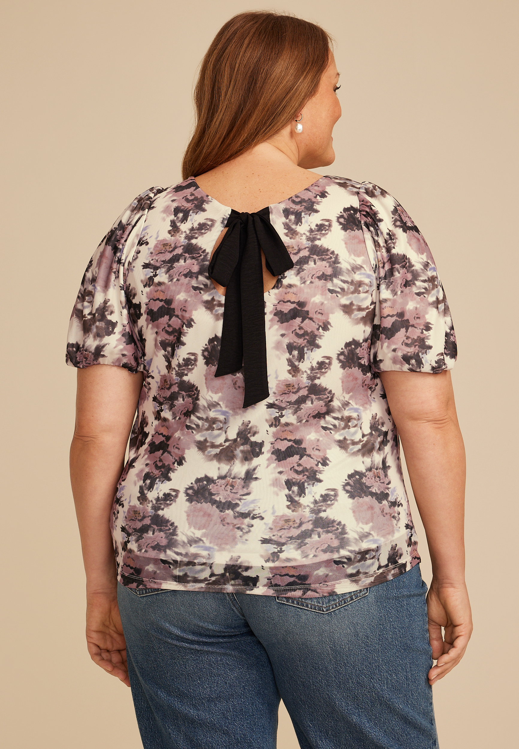 Plus Size Studio Y Abstract Floral Mesh Puff Sleeve Blouse, , large