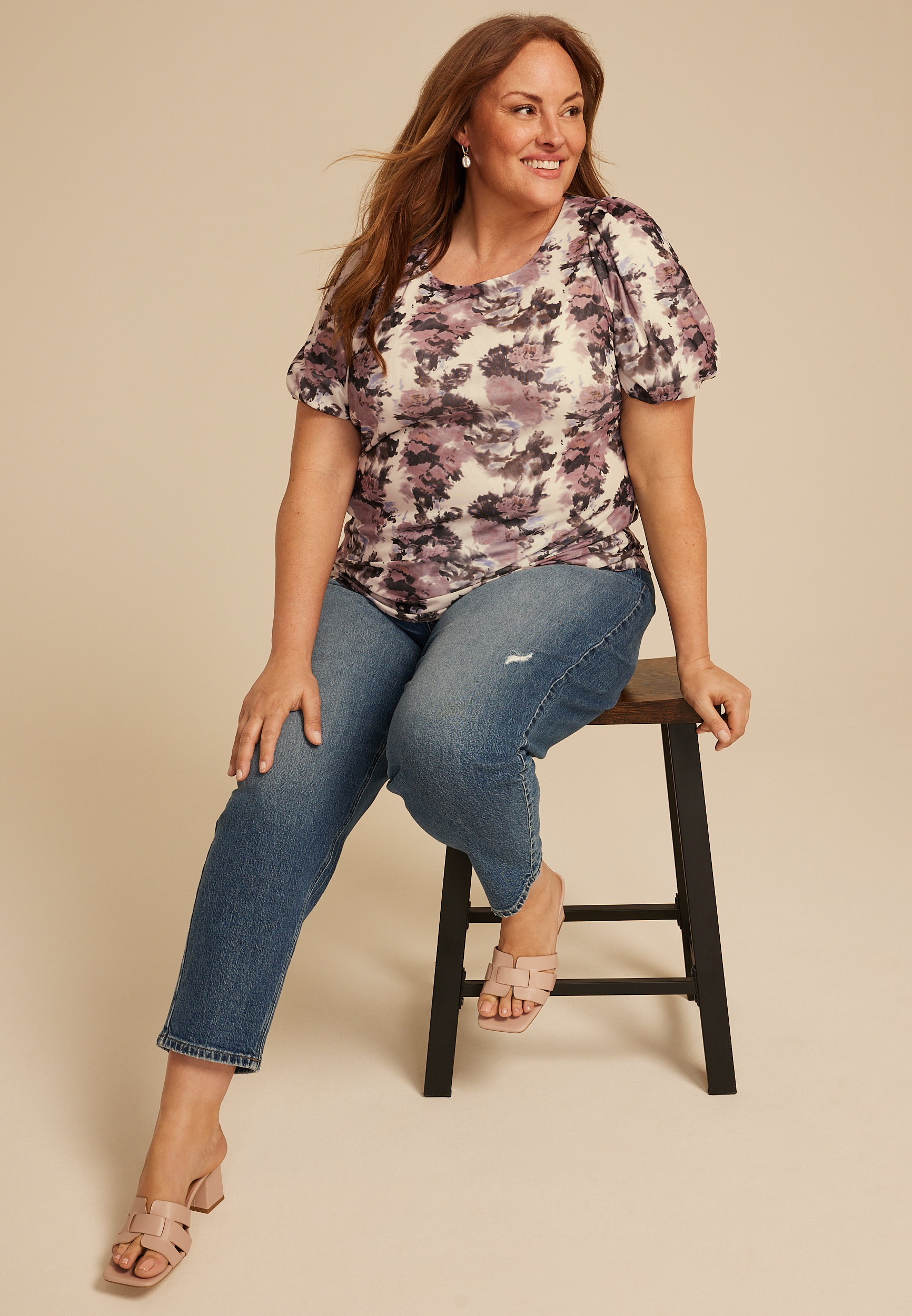 Plus Size Studio Y Abstract Floral Mesh Puff Sleeve Blouse, , large