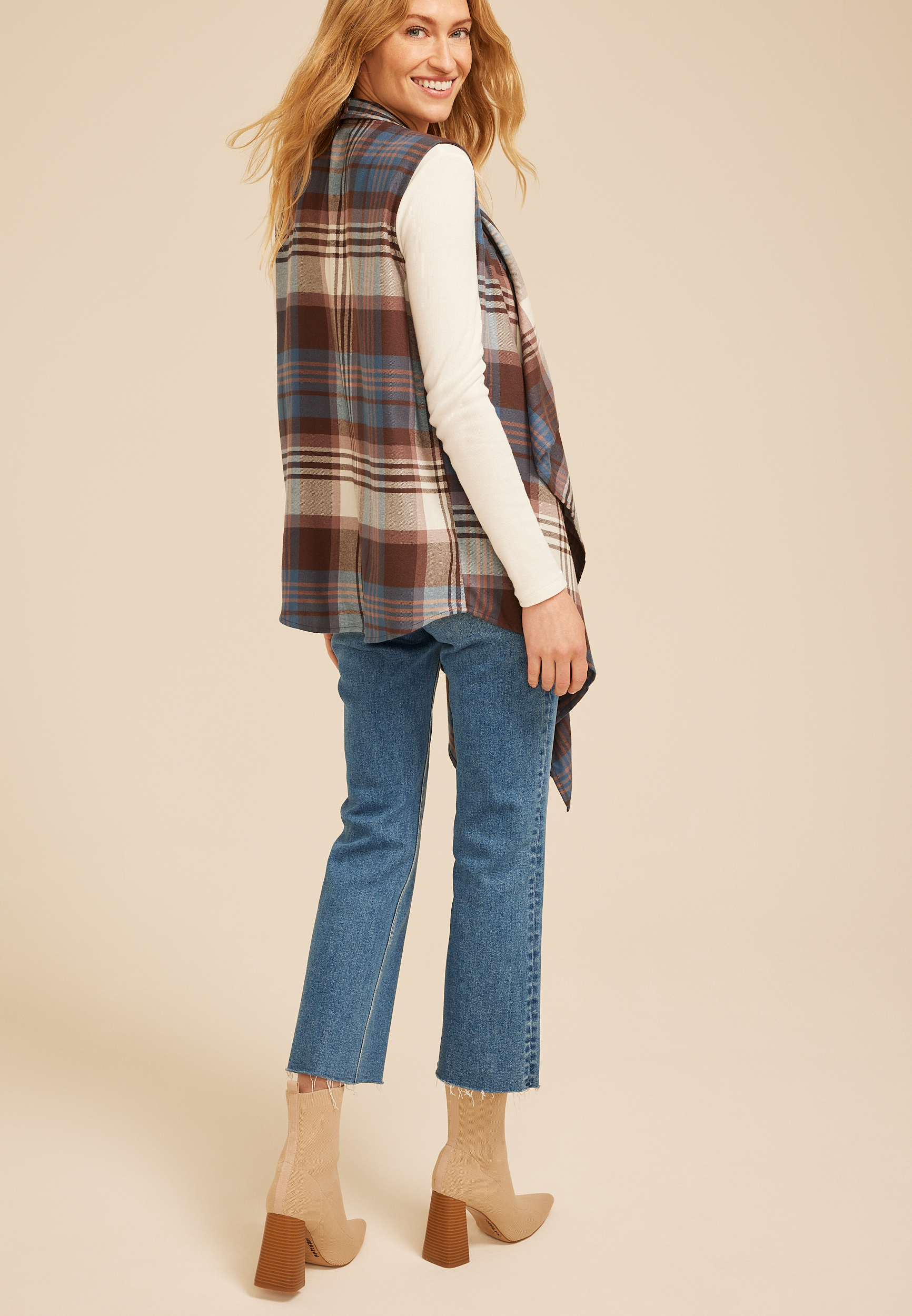 Plaid Open Front Waterfall Vest, C2542, large