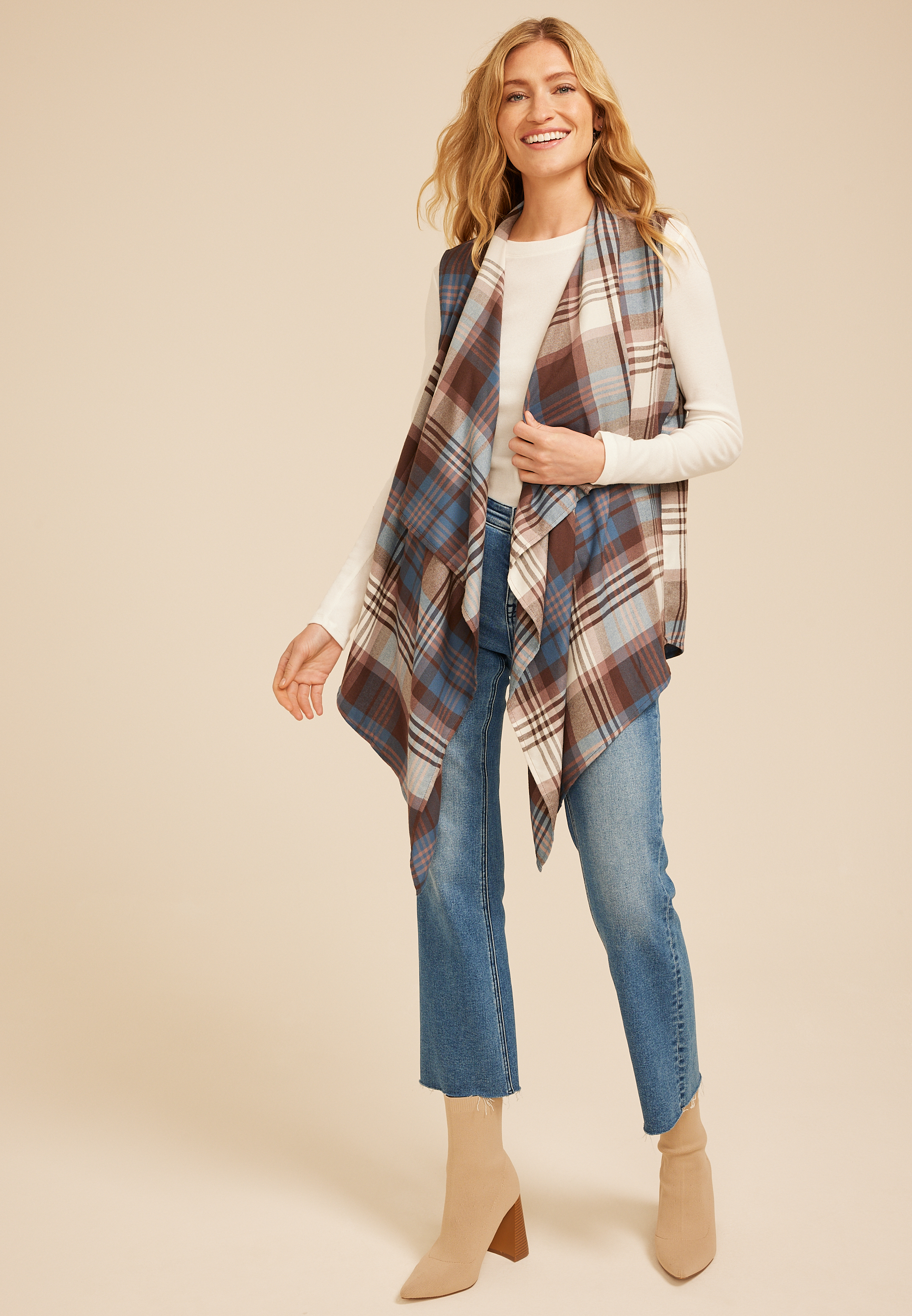 Plaid Open Front Waterfall Vest