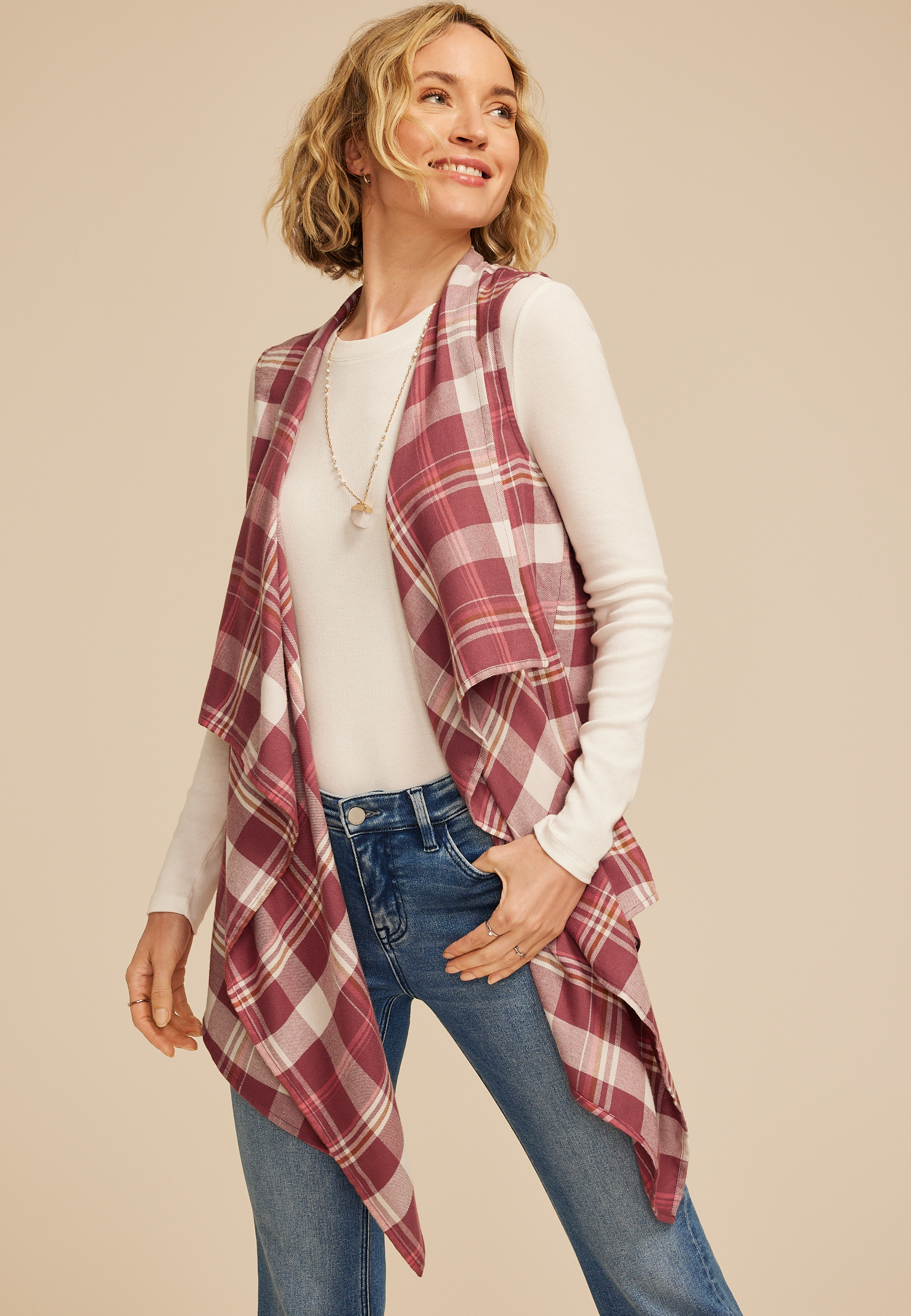Plaid Open Front Waterfall Vest