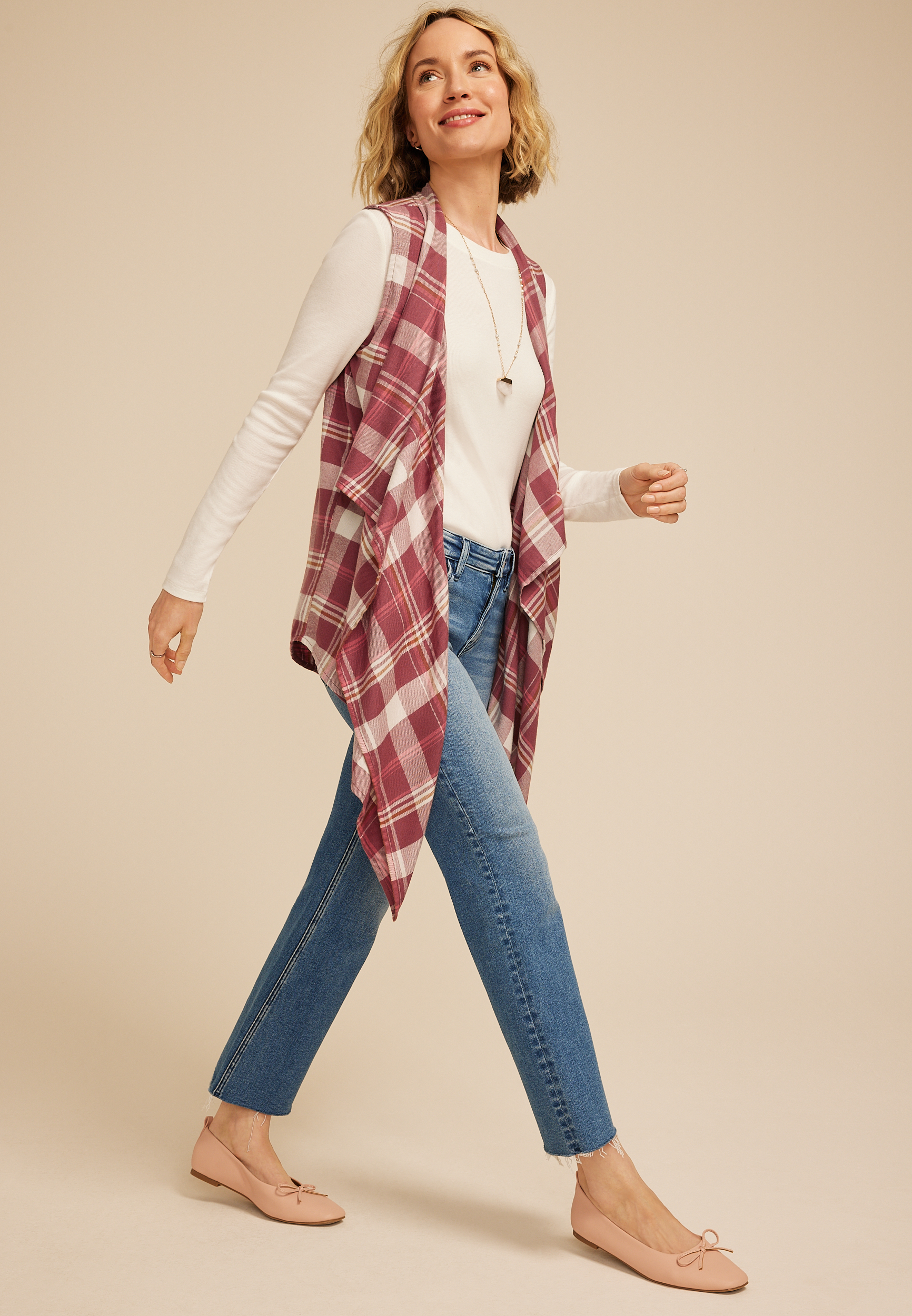 Plaid Open Front Waterfall Vest