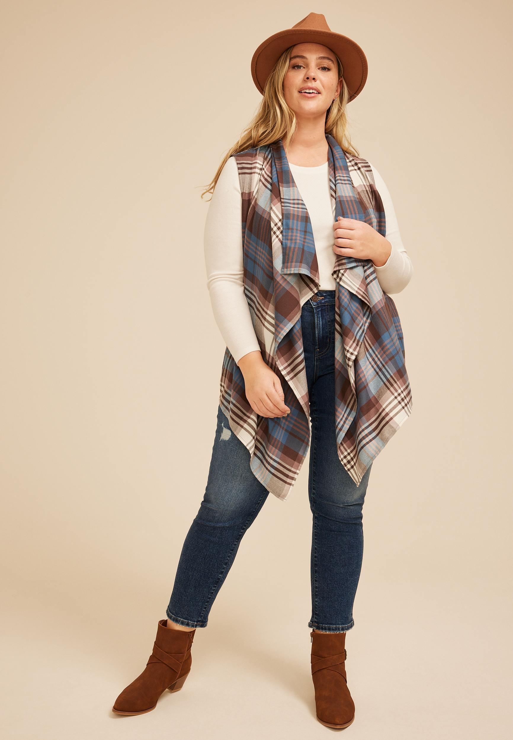 Plus Size Plaid Open Front Waterfall Vest