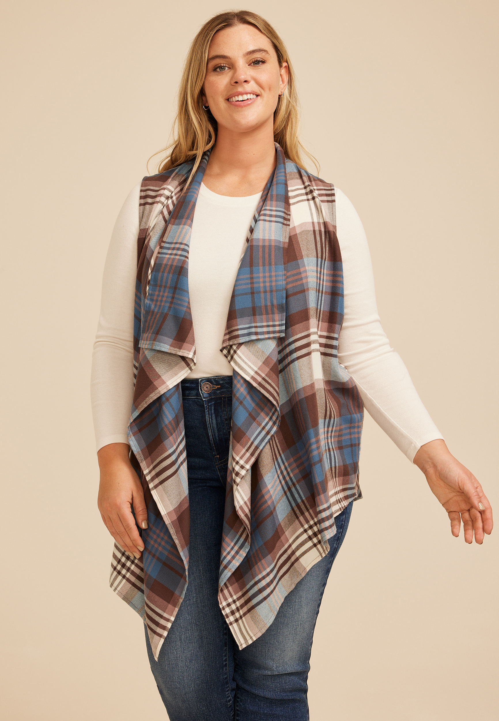 Plus Size Plaid Open Front Waterfall Vest, C2542, large