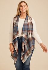 Plus Size Plaid Open Front Waterfall Vest, C2542, small