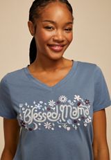 Floral Embroidered Blessed Mama Classic Fit Graphic Tee, DUSK SKY, small