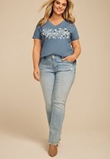 Plus Size Floral Embroidered Blessed Mama Classic Fit Graphic Tee, C4199, small