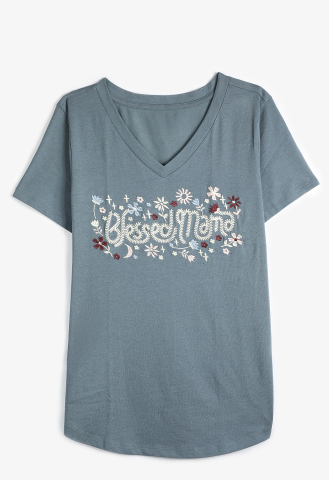 Plus Size Floral Embroidered Blessed Mama Classic Fit Graphic Tee, C4199, large