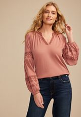 Embroidered Gauze Blouson Sleeve Top, SOFT MAUVE, small