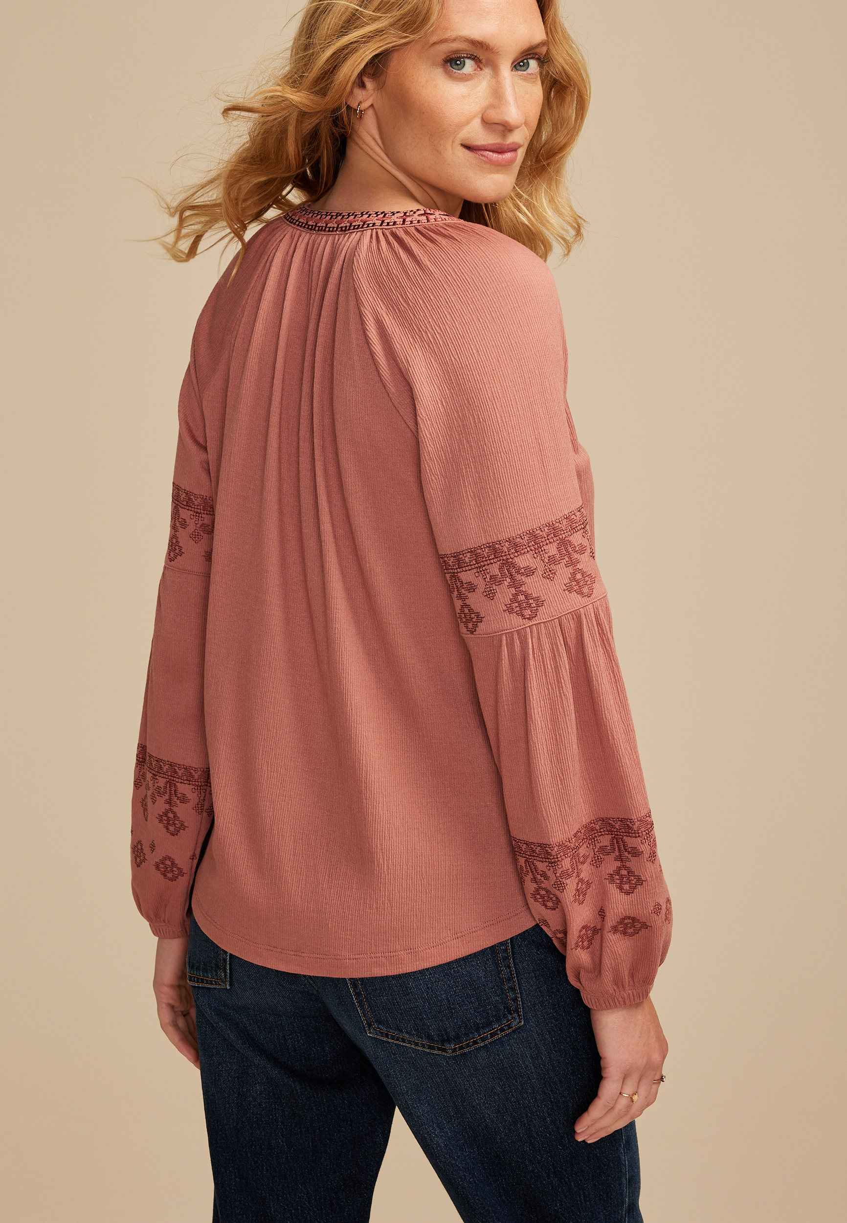 Embroidered Gauze Blouson Sleeve Top, SOFT MAUVE, large