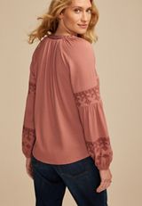 Embroidered Gauze Blouson Sleeve Top, SOFT MAUVE, small