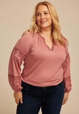 Plus Size Embroidered Gauze Blouson Sleeve Top, SOFT MAUVE, small