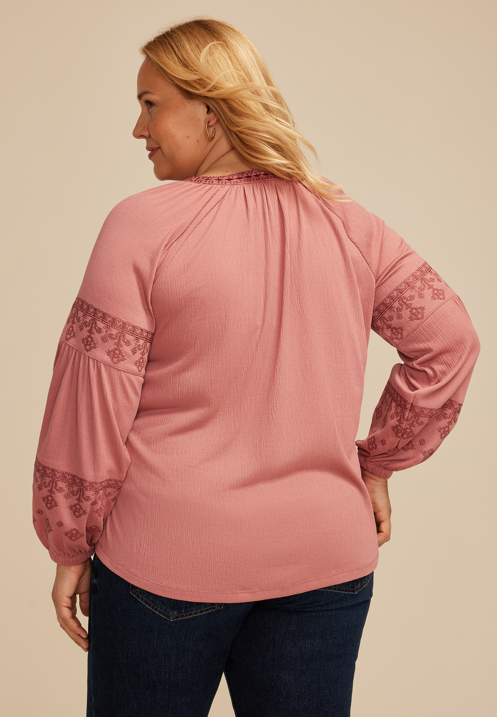 Plus Size Embroidered Gauze Blouson Sleeve Top, SOFT MAUVE, large
