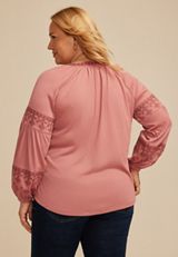 Plus Size Embroidered Gauze Blouson Sleeve Top, SOFT MAUVE, small